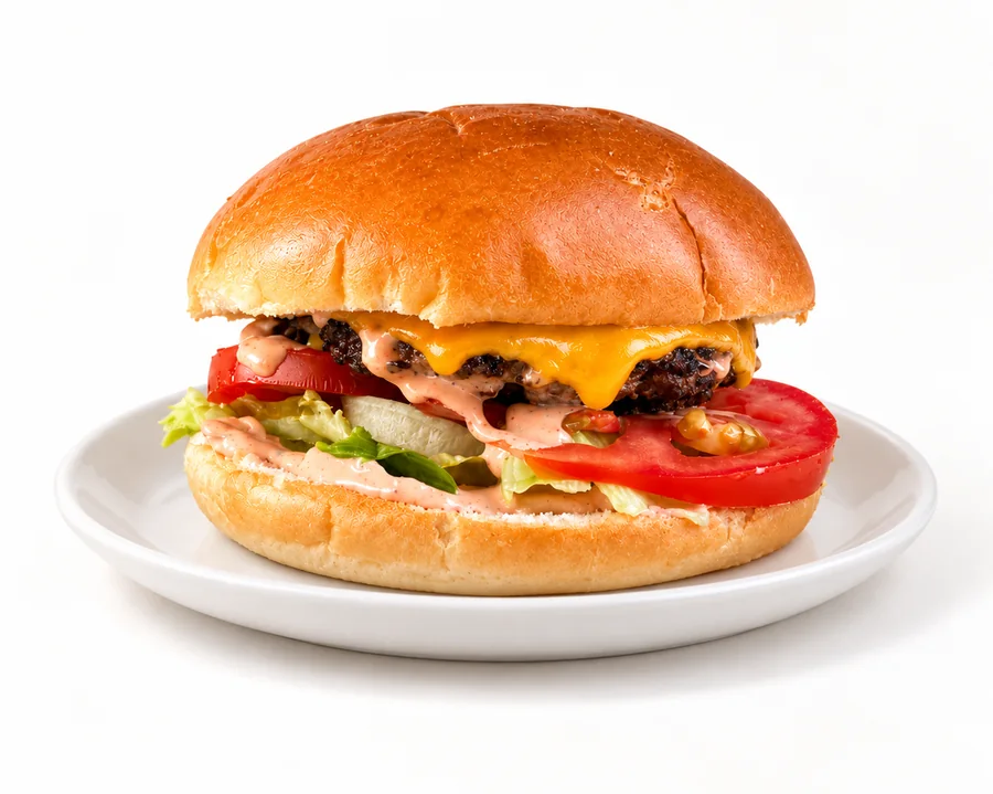 POPS Cheese Burger with melted cheddar, tomato, lettuce and sauce