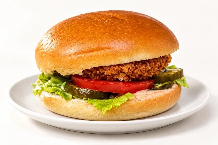 Honey Mustard Burger with crispy chicken, tomato, pickles and lettuce