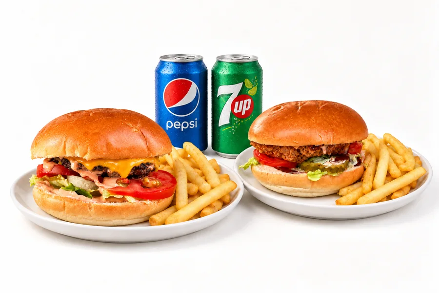 POPS for Two: a Cheese Burger and a Honey Mustard Burger with fries, a Pepsi and a 7UP